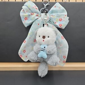 Floral Bow Plush Keychain - Light Gray and Blue